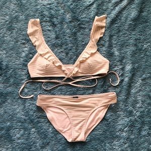 Peach striped ruffle wrap bikini